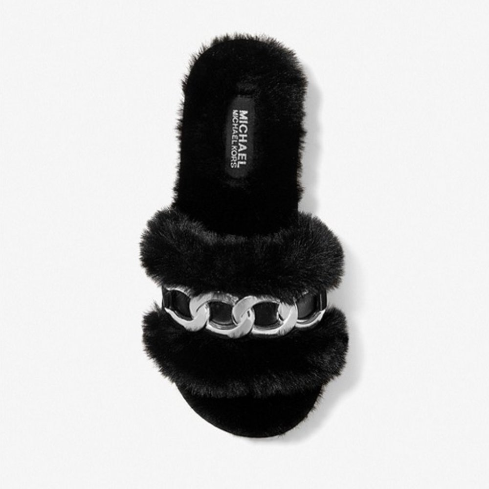 NWOB MICHAEL KORS Scarlett Chain Link Faux Fur Slide Sandal Black Fuzzy Furry - Picture 2 of 10